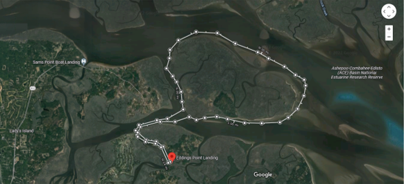 Circumnavigation route of Morgan Island in the ACE Basin near Charleston, SC