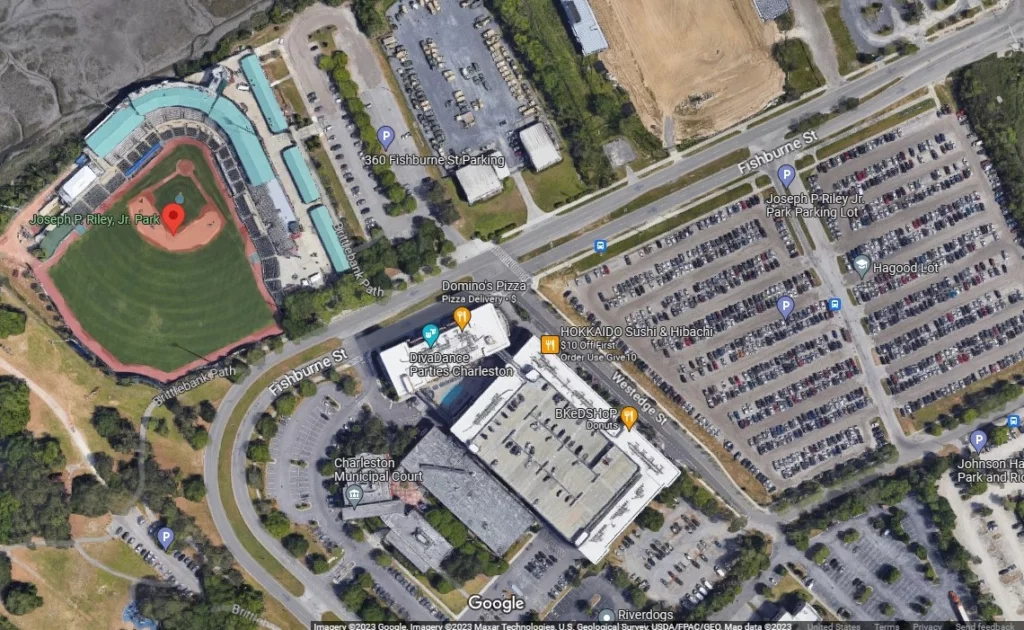 Map of Charleston RiverDogs stadium and parking lot.