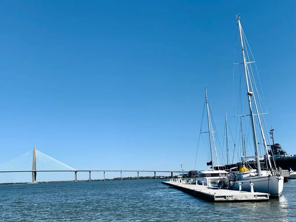 Charleston boating (the Charleston Harbor Marina, sailboats, and Ravenel Bridge)